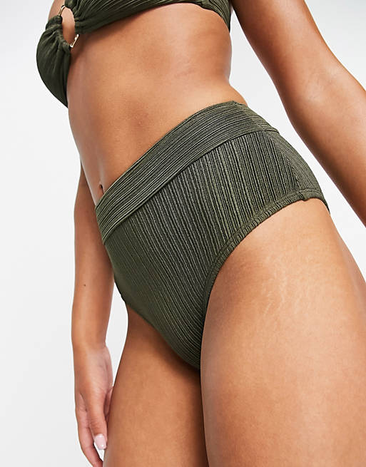 Accessorize rib high waist bikini bottom in khaki