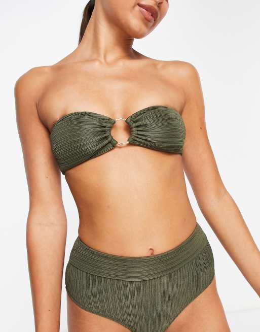 Accessorize ring rib bandeau bikini top in khaki