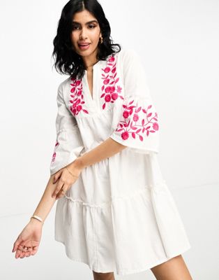 Accessorize embroidered v neck tiered mini summer dress in white & red  - ASOS Price Checker