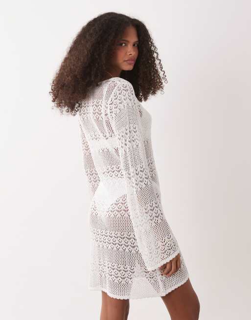 Accessorize - Robe courte en maille crochetée à manches longues - Crème, 3 de 4
