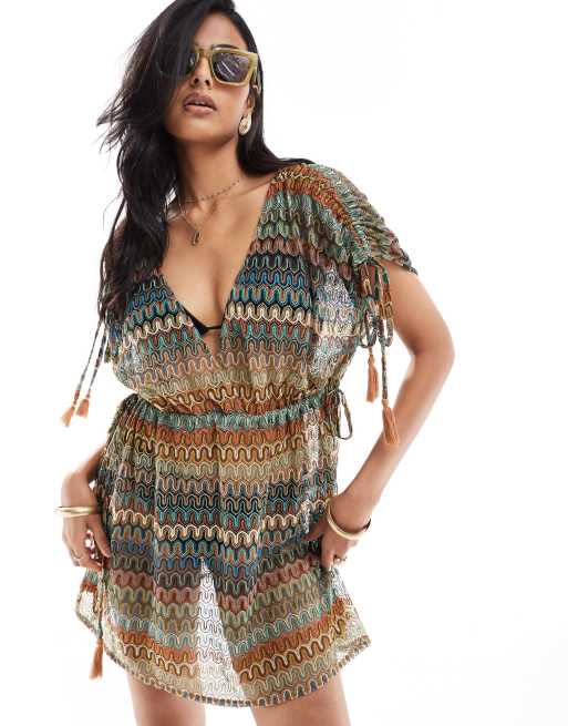 Accessorize - Robe de plage courte en maille au crochet à col en V - Multicolore