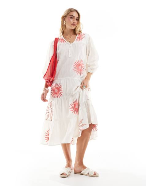 Accessorize - Robe de plage mi-longue à manches bouffantes et imprimé soleil estival - view 1