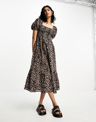 Accessorize puff sleeve shirred bodice maxi summer dress in leopard print  - ASOS Price Checker