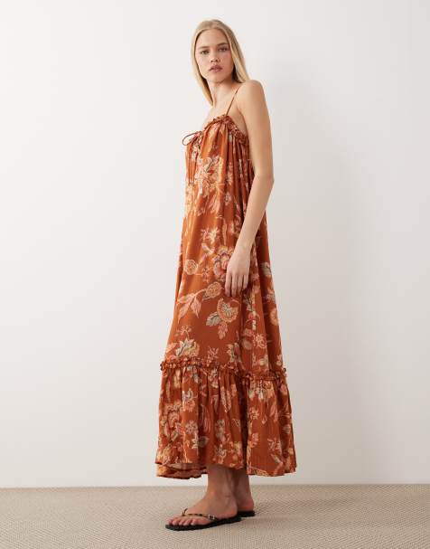 Accessorize - Robe longue à fleurs et volants - Rouille - view 1