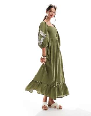 ruched puff sleeve maxi beach dress in olive green