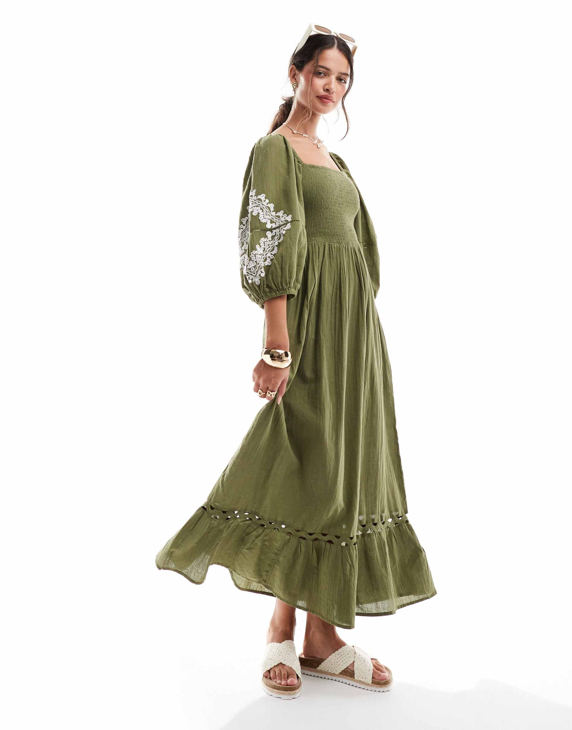 accessorize ruched puff sleeve maxi beach dress in olive green