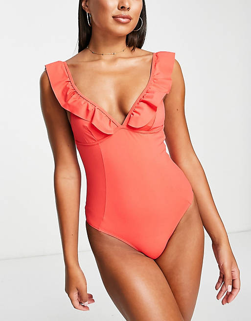 Accessorize ruffle shaping swimsuit in red 