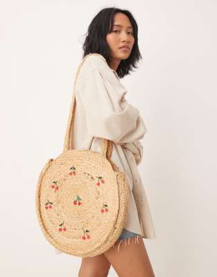 Accessorize - Runde Jute-Schultertasche in Beige mit Kirschmuster-Neutral