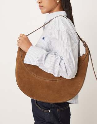 Accessorize - Sac porté épaule incurvé en cuir et daim véritable à franges - Fauve-Brown