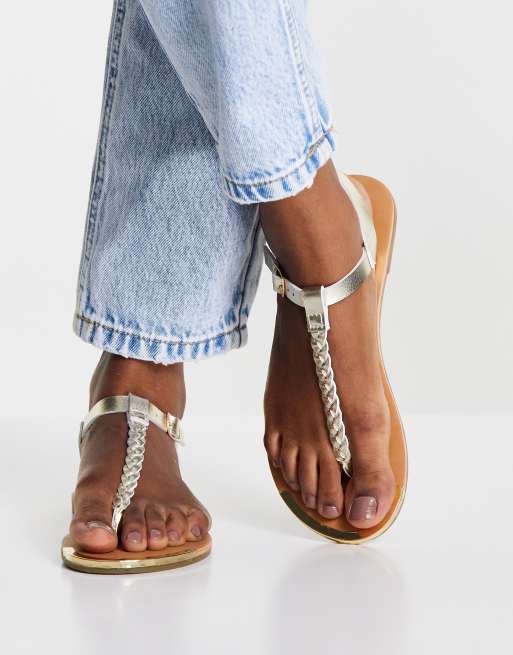 Accessorize - Sandalen met T-bar en vlechtdetail in goud
