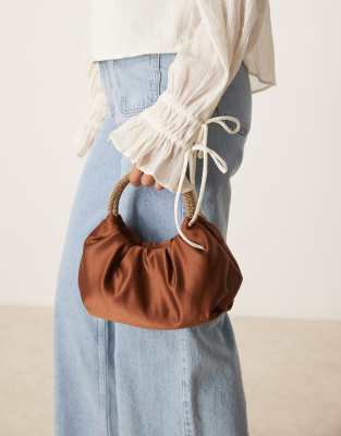 satin bag with embellished top handle in brown