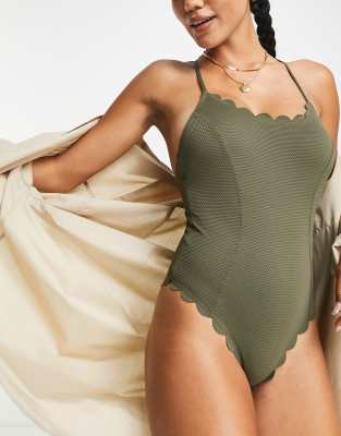 Accessorize Scallop Edge Swimsuit In Khaki-green