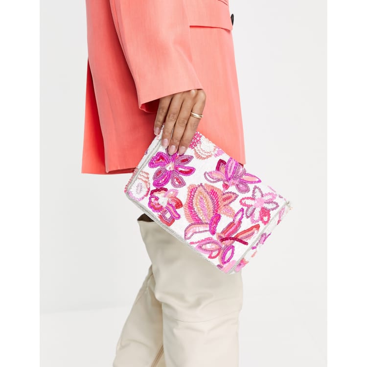 Accessorize sequin clutch bag in pink floral ASOS