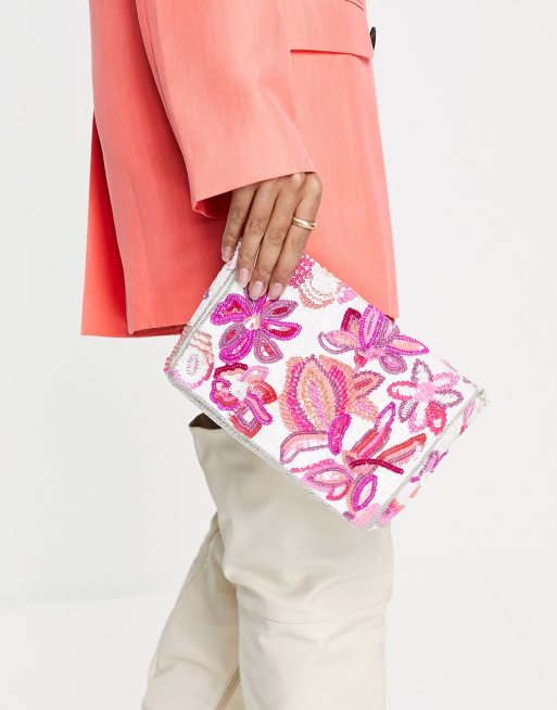 Accessorize sequin clutch bag in pink floral