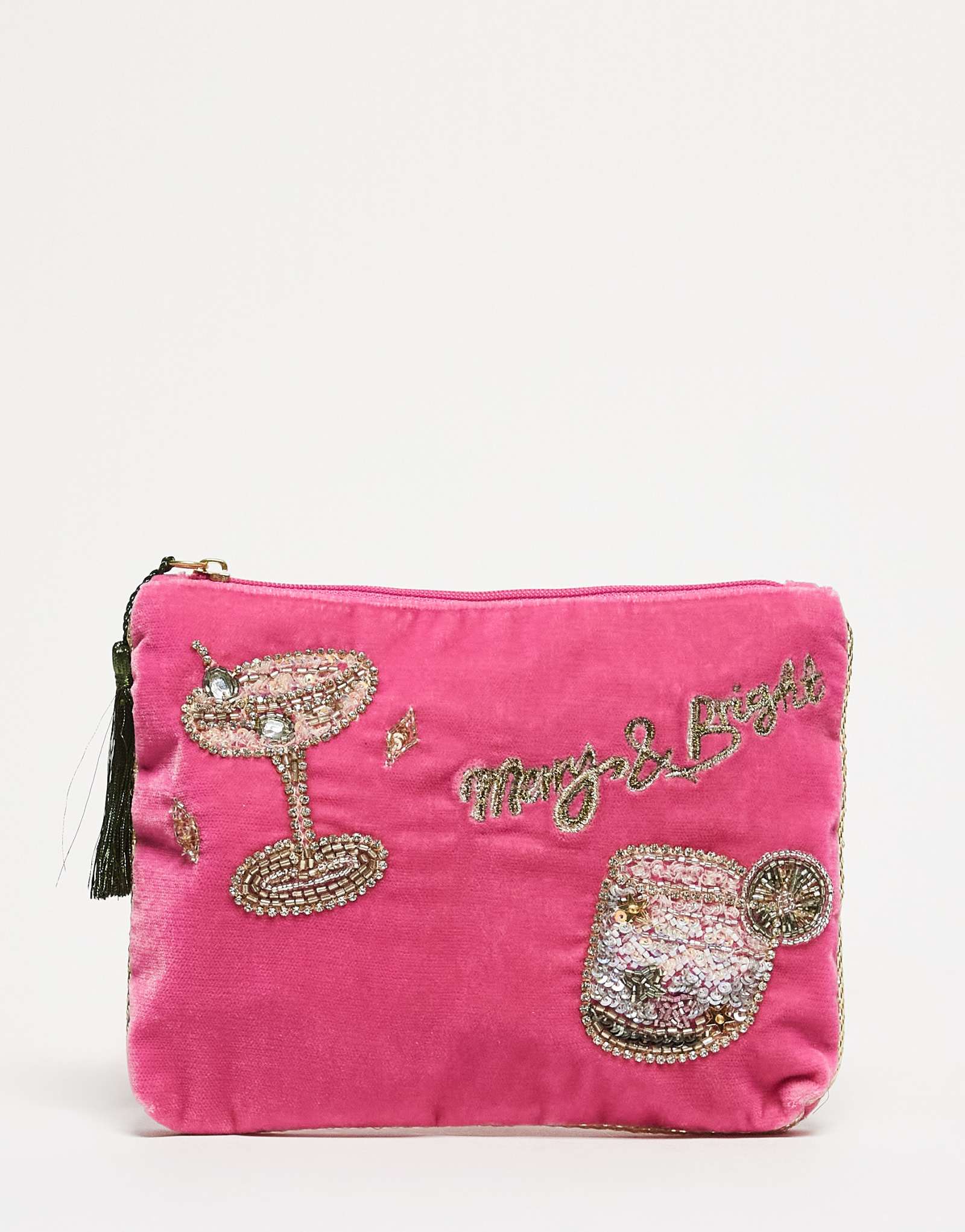 Розовая сумочка для коктейля с блестками дополнена аксессуарами