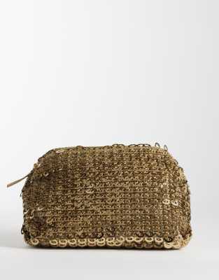 sequin weave clutch bag in gold