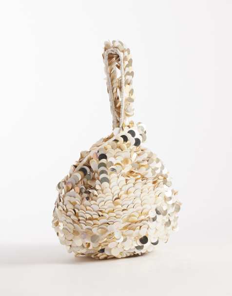 Accessorize sequined loop handle bag in cream - view 1