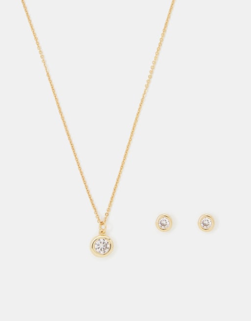 Accessorize - Set regalo placcato oro 14 k con collana con pendente e orecchini a bottone con gemme, 2 di 3