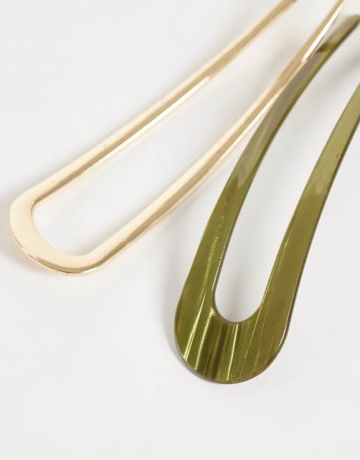 Accessorize set van 2 Franse haarspelden in groen en goud, 2 van 3