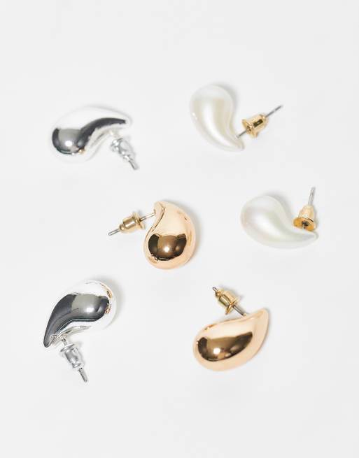 Accessorize - Set van 3 mini traanvormige oorbellen in goud, zilver en parelmoer, 2 van 3