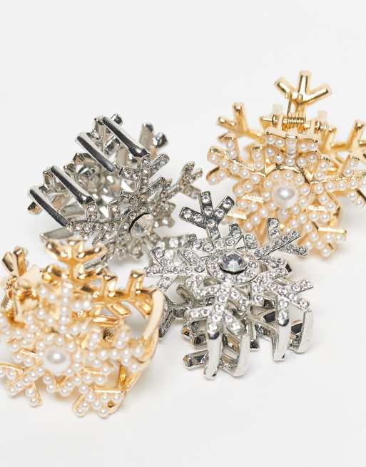 Accessorize - Set van 4 haarklemmen in vorm van sneeuwvlokken met glinstering in goud en zilver, 2 van 3