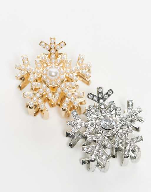 Accessorize - Set van 4 haarklemmen in vorm van sneeuwvlokken met glinstering in goud en zilver, 3 van 3