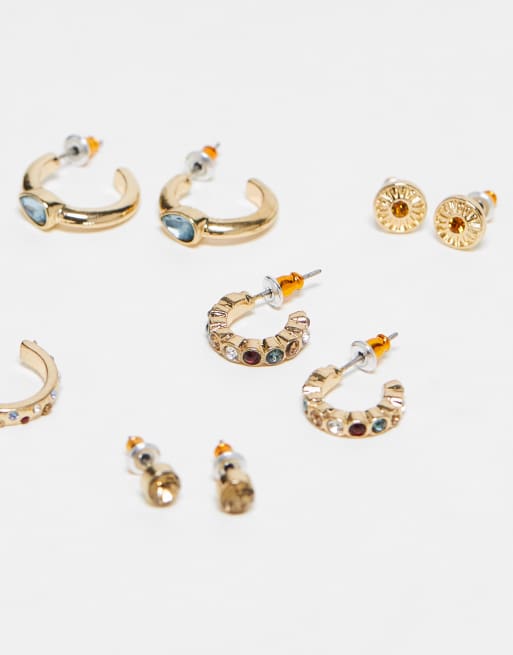 Accessorize - Set van 6 paar oorbellen met knopjes en ooorringen met siersteentjes in goud