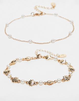 Accessorize Accessorize shell & pearl 2 pack anklets in gold