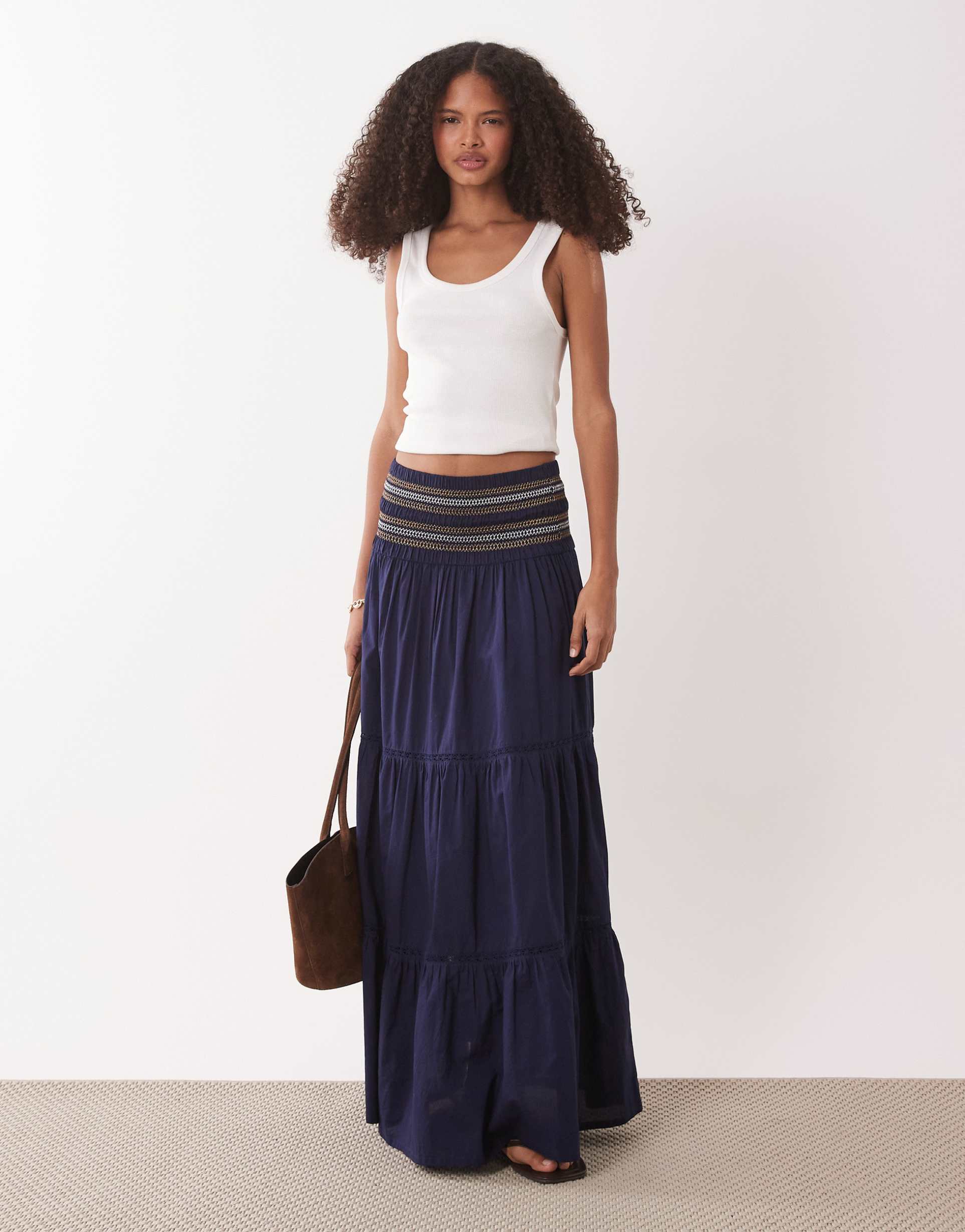 accessorize shirred waist maxi skirt in navy