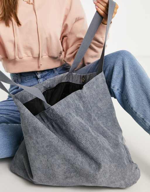 Shopper In Velluto A Coste Grigia: Borsa Donna In Cotone, Tote Bag Versatile Con Bottoni Magnetici