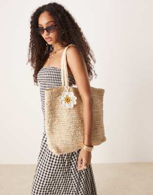 Accessorize - Shopper-Tasche aus naturfarbenem Bast mit Gänseblümchen-Neutral