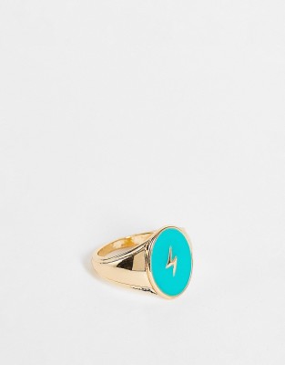 Accessorize signet ring with lightning bolt in gold and blue | ASOS