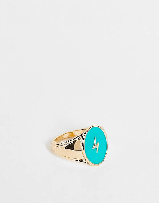 Accessorize signet ring with lightning bolt in gold and blue