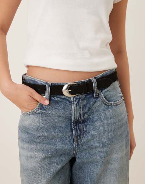 Accessorize silver-tone buckle suede belt in black - view 1