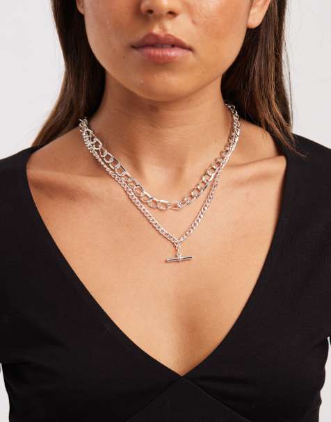 Accessorize – Silverfärgat kedjehalsband i flera lager med T-stav - view 1