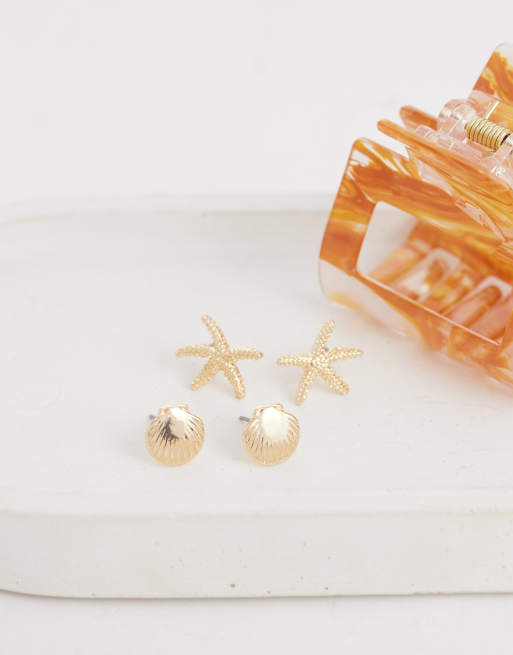 Accessorize - Simone - Confezione da 5 paia di orecchini a forma di stella marina tonalità oro, 2 di 4