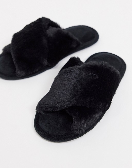 Accessorize slider slipper in black faux fur