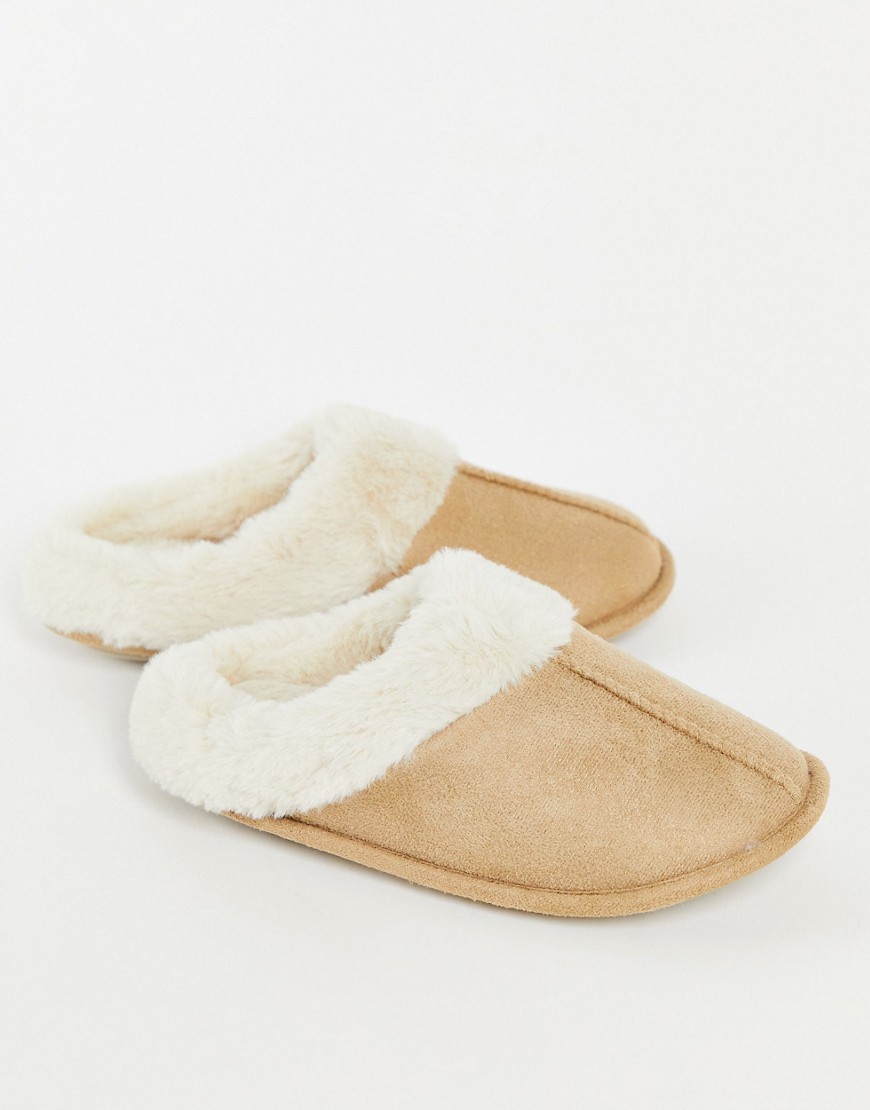 Accessorize slippers with faux fur in tan-Brown