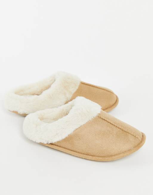 Accessorize slippers with faux fur in tan | ASOS