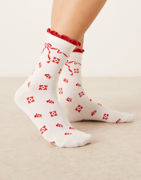 Accessorize – Socken in Weiß mit rotem Schleifenmuster - view 1