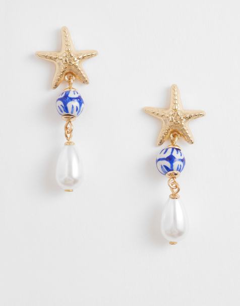 Accessorize starfish beaded faux pearl drop earrings in gold - view 1