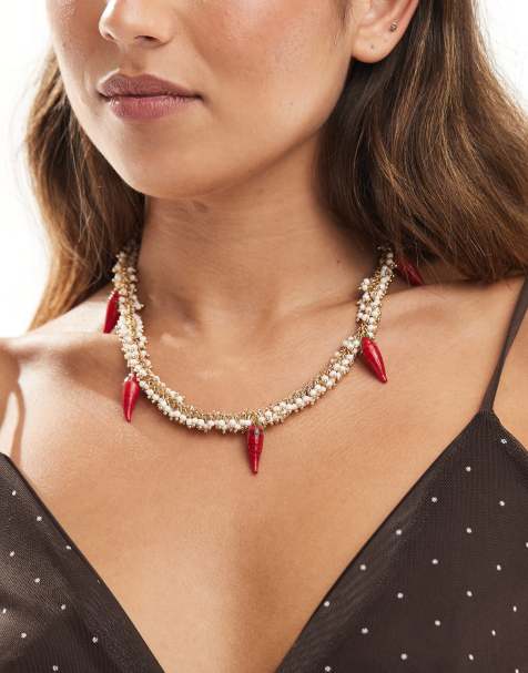Accessorize statement chilli and pearl charm beaded necklace in gold - view 1