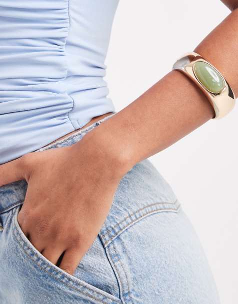 Accessorize statement green stone cuff bracelet in gold - view 1