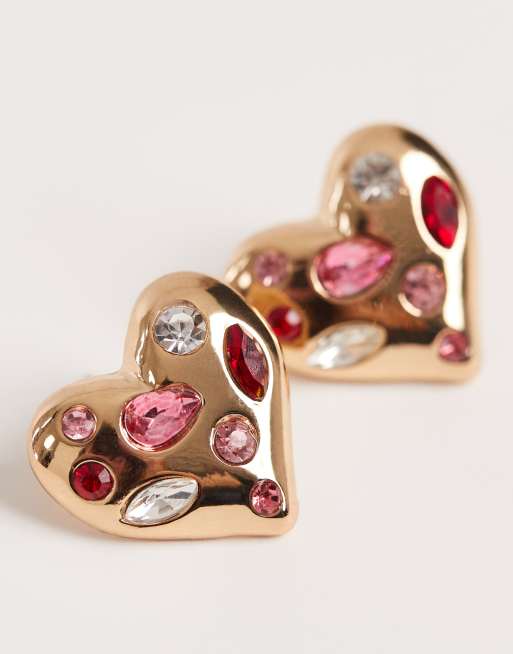 Accessorize statement heart faux gemstone stud earrings in gold tone, 2 of 3
