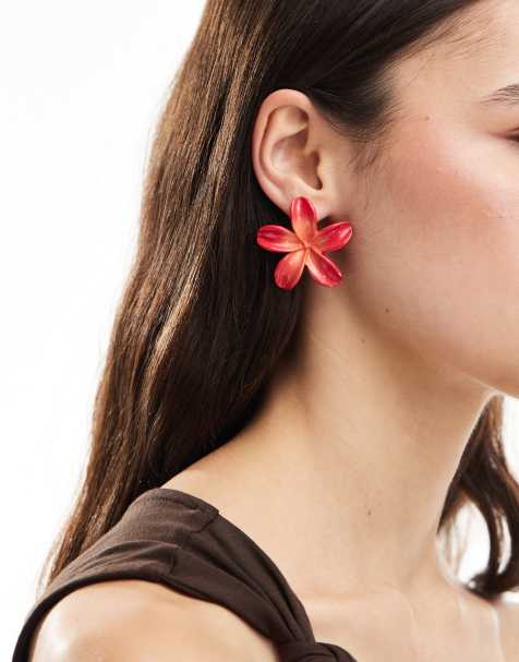 Accessorize statement lotus flower earrings in red - view 1