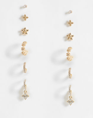 Accessorize - Strassbesetzte Blumen-Ohrringe in Goldoptik, 6er-Pack