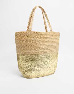 Accessorize Straw Gold Dipped Tote Bag In Beige