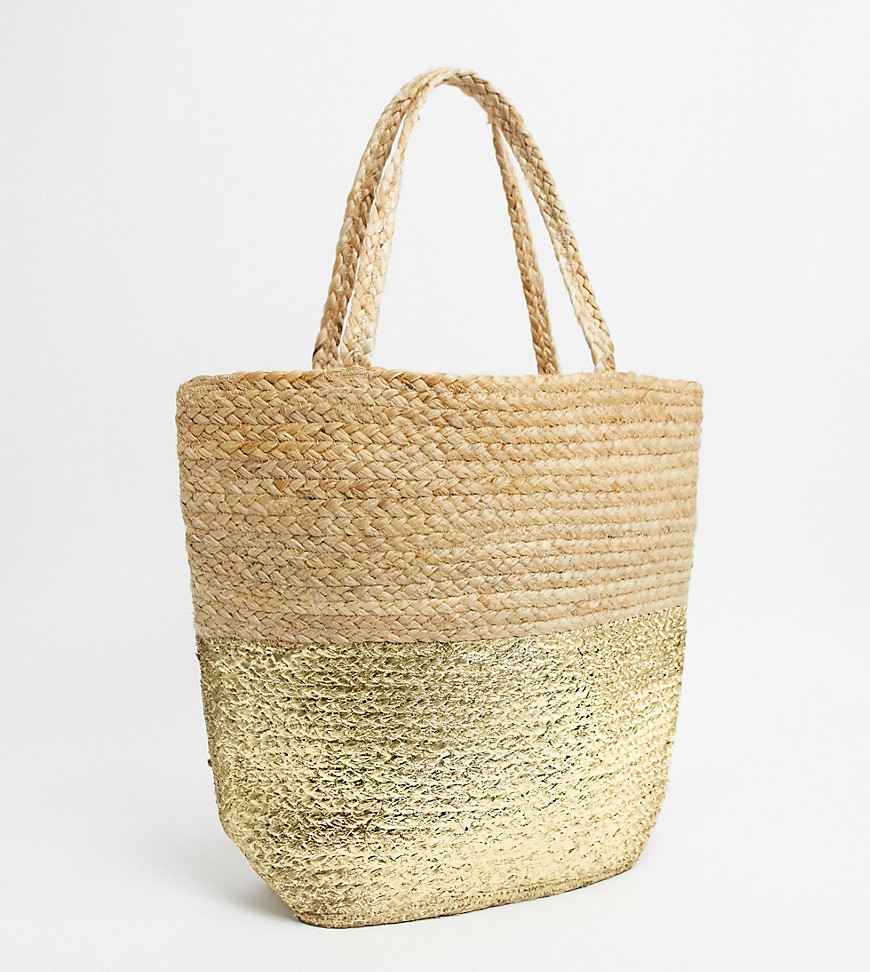 Accessorize straw gold dipped tote bag in beige