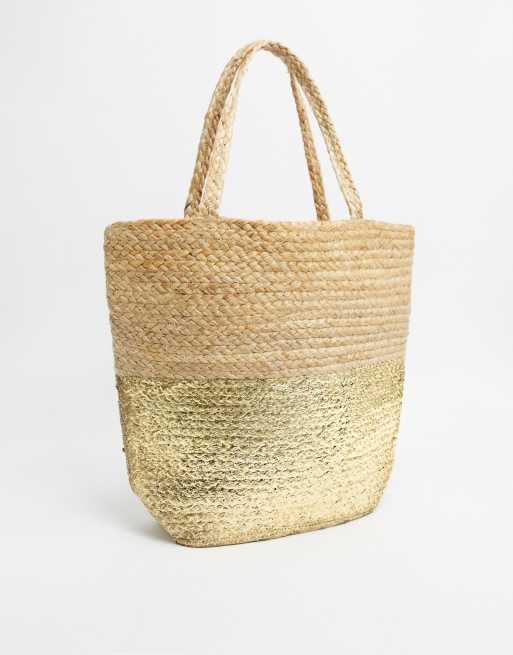 Accessorize straw gold dipped tote bag in beige