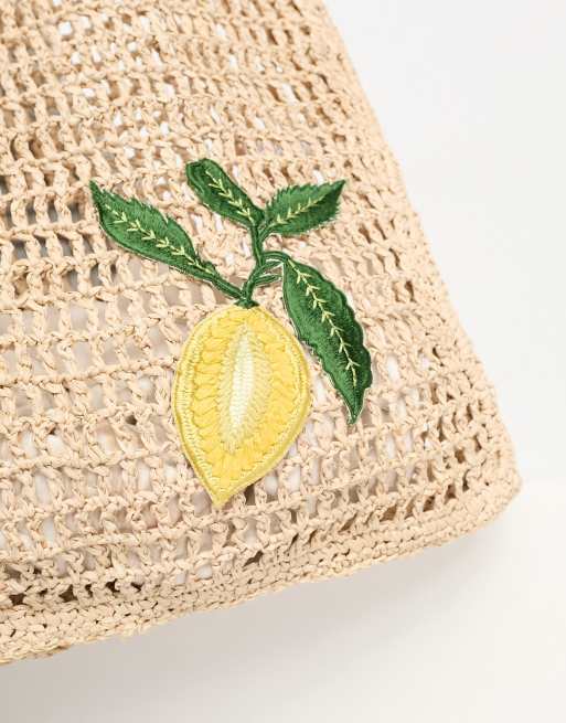 Accessorize straw tote bag with embroidered lemon in beige ASOS